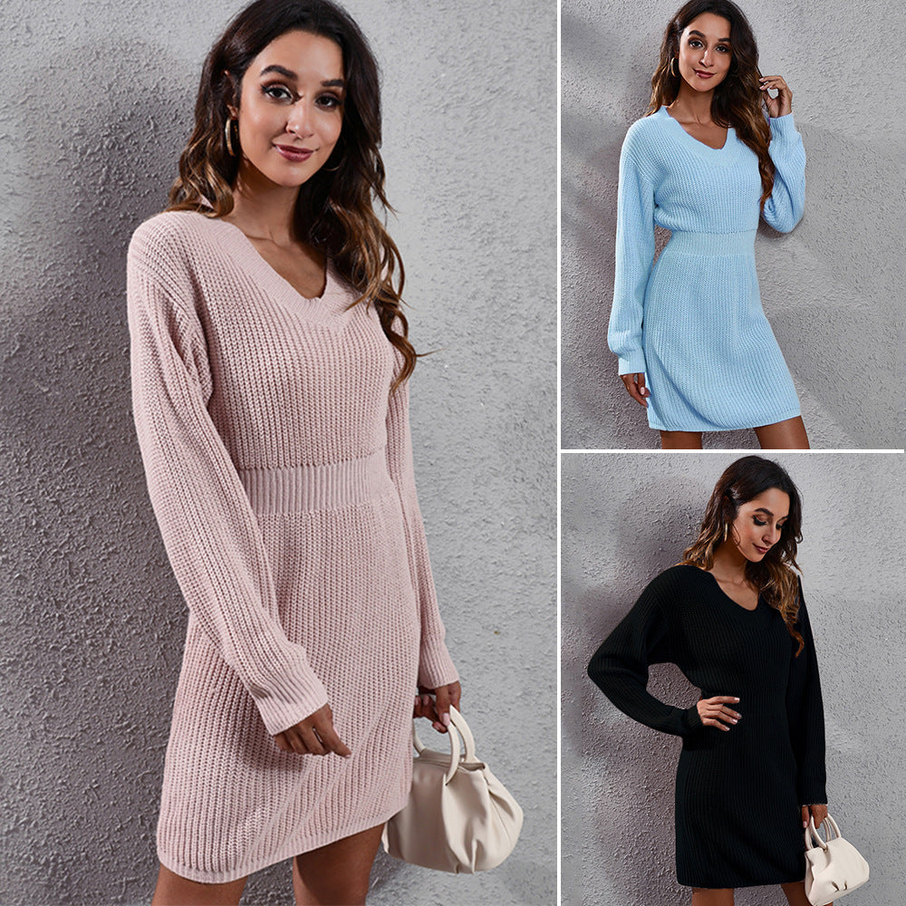 Vestido de punto de lana para mujer, con escote en V, hombros caídos, manga larga y cintura ajustada, para otoño e invierno