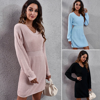 Vestido de punto de lana para mujer, con escote en V, hombros caídos, manga larga y cintura ajustada, para otoño e invierno