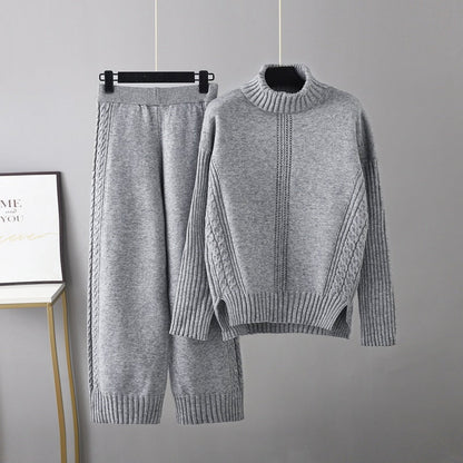 Conjunto informal de jersey de cuello alto y tejido grueso para mujer, pantalones anchos y sueltos de pierna ancha para otoño e invierno, dos piezas