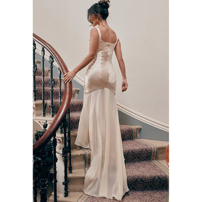 Vestido de primavera para mujer, de satén de alta calidad, de gasa, con empalme de tirantes y superficie forjada, corte entallado y elegante.