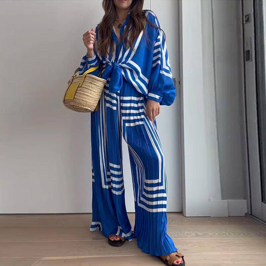 Conjunto de camisa de manga larga estampada para mujer, pantalones rectos plisados y de pierna ancha, primavera