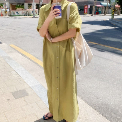 Vestido coreano de verano de manga corta con estampado largo, holgado y holgado, camisero por encima de la rodilla para mujer