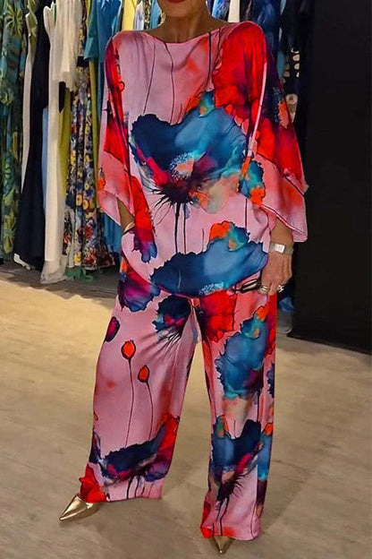 Colección Verano Otoño Estación Independiente Urbana Elegante Satén Cuello Descubierto Suelto Estampado Manga Murciélago Pantalones con Cordón Conjuntos