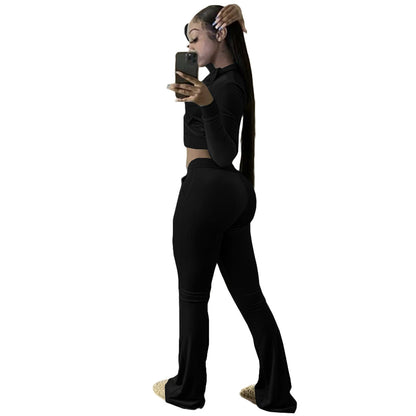 Conjunto deportivo informal de dos piezas para mujer, de terciopelo coreano, color liso, manga larga, sexy y corto