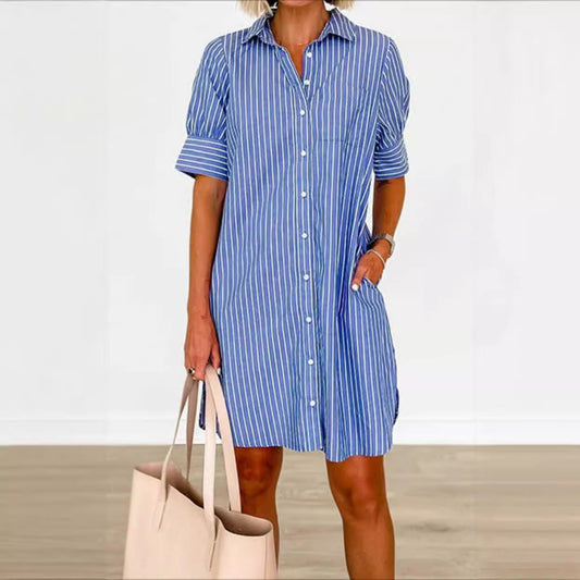 Vestido de oficina informal de una sola botonadura con bolsillos a rayas para primavera y verano para mujer