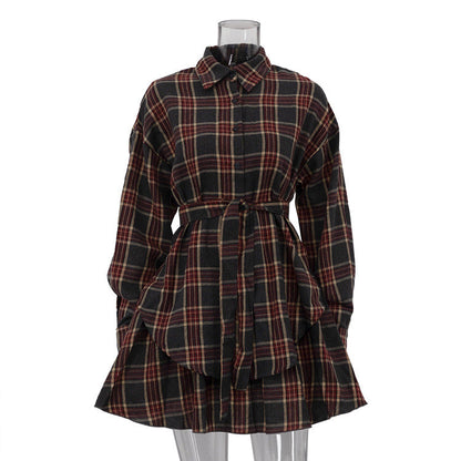 Casual Check Skirt Set Women Collared Loose Shirt Lace up Pleated Skirt Two Piece Set