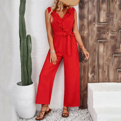 Pantalones anchos con volantes y rayas de jacquard para mujer, pantalones casuales rectos sin mangas con cinturón para mujer, mono para mujer