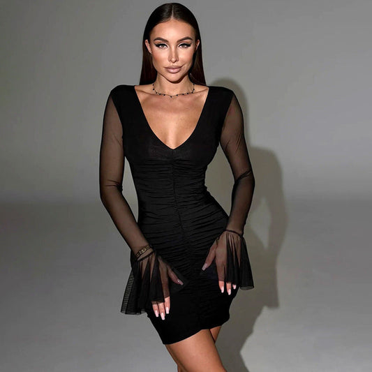 Women Clothing Summer Sexy V neck Stitching Mesh Flared Sleeves Sheath Dress Women
