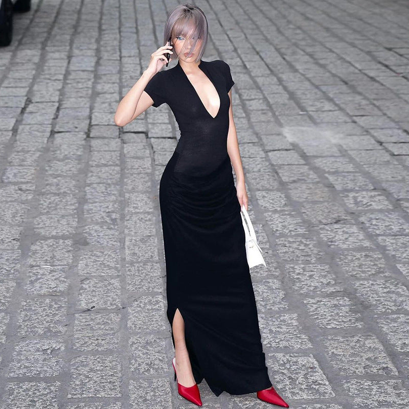 Vestido largo plisado sexy de manga corta con escote en V profundo para mujer de invierno