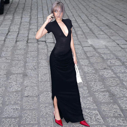 Vestido largo plisado sexy de manga corta con escote en V profundo para mujer de invierno