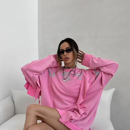 Sudadera holgada de cuello redondo y largo medio con estampado de hojas de loto para mujer, estilo urbano, de verano