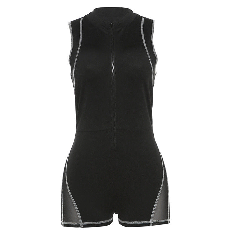 Mono ajustado con realce de cadera para mujer, ropa de otoño e invierno, cuello redondo, cremallera, sin mangas, costuras transparentes