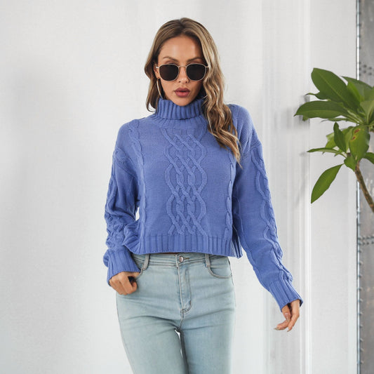 Suéter corto de cuello alto de punto para mujer, suéter holgado de manga larga para otoño e invierno.