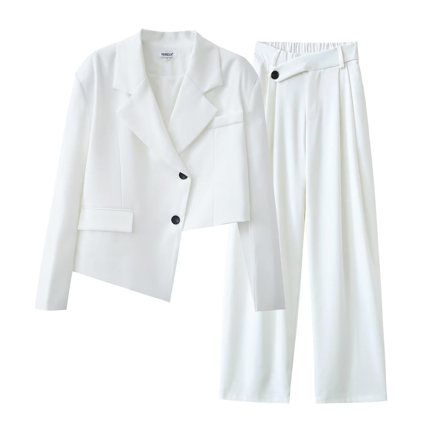 Conjunto de blazer corto con diseño asimétrico irregular para otoño e invierno, pantalones de pierna ancha y cintura alta