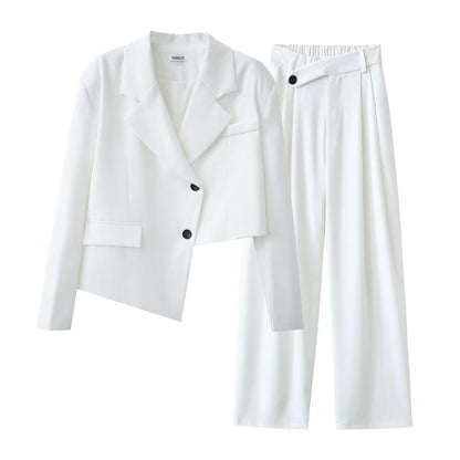 Conjunto de blazer corto con diseño asimétrico irregular para otoño e invierno, pantalones de pierna ancha y cintura alta