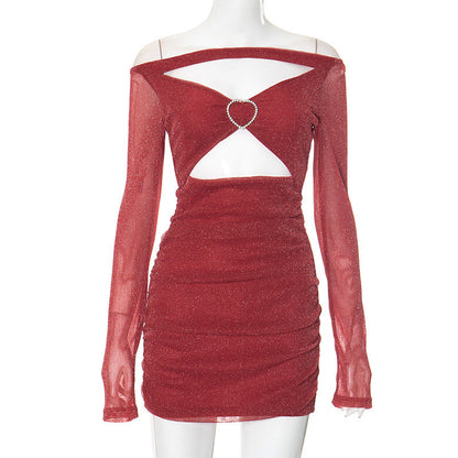 Vestido sexy de mujer con hombros descubiertos, de malla, manga larga, con costuras y aberturas en la cadera