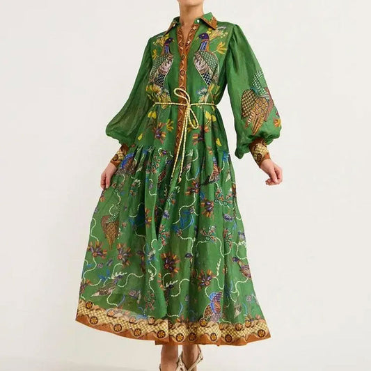 Women Clothing Vintage Printed Lantern Sleeve Waist Controlled Large Hem Dress