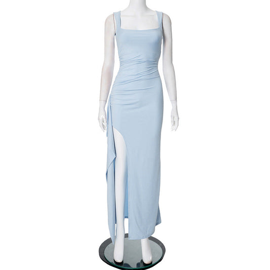 Vestido de mujer primavera verano color liso sin espalda plisado con borlas abiertas