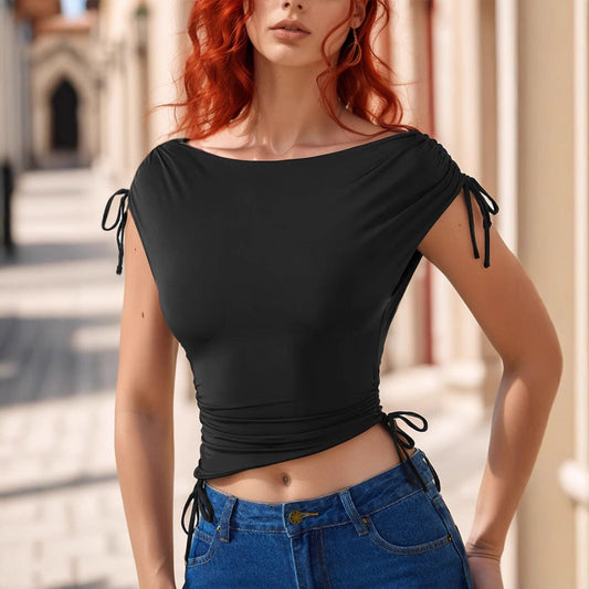 Ropa de mujer Primavera Verano Irregular Asimétrico con Personalidad Tirantes de Hombro Cordón Encaje Plisado Top Corto Mujer