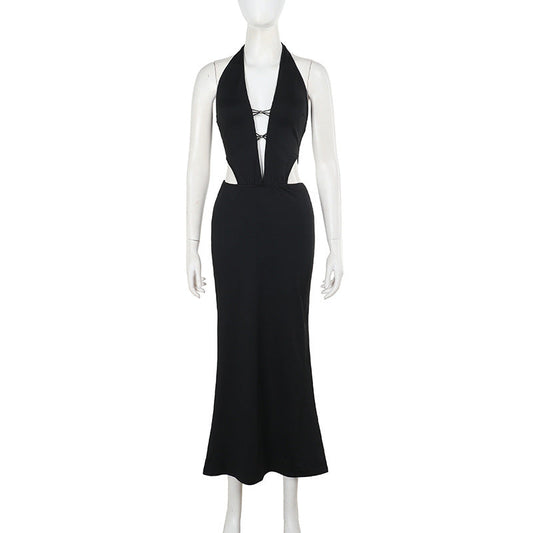 Deep V Plunge neck Backless Halter Hollow Out Cutout Sexy Dress Women Sexy Dress