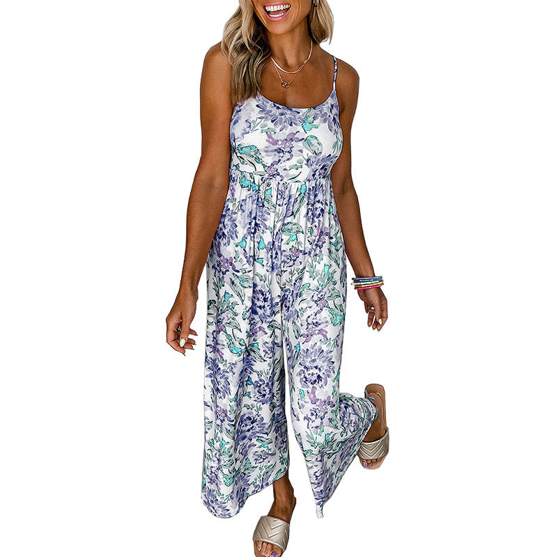 Mono de verano de cintura alta y pierna ancha para mujer, mono floral con tirantes y espalda descubierta para mujer