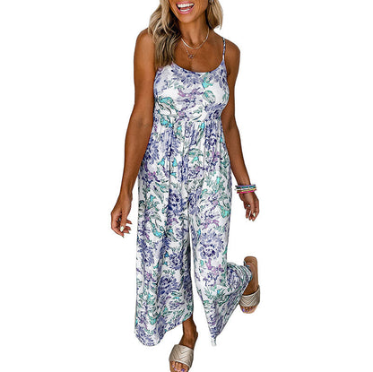 Mono de verano de cintura alta y pierna ancha para mujer, mono floral con tirantes y espalda descubierta para mujer
