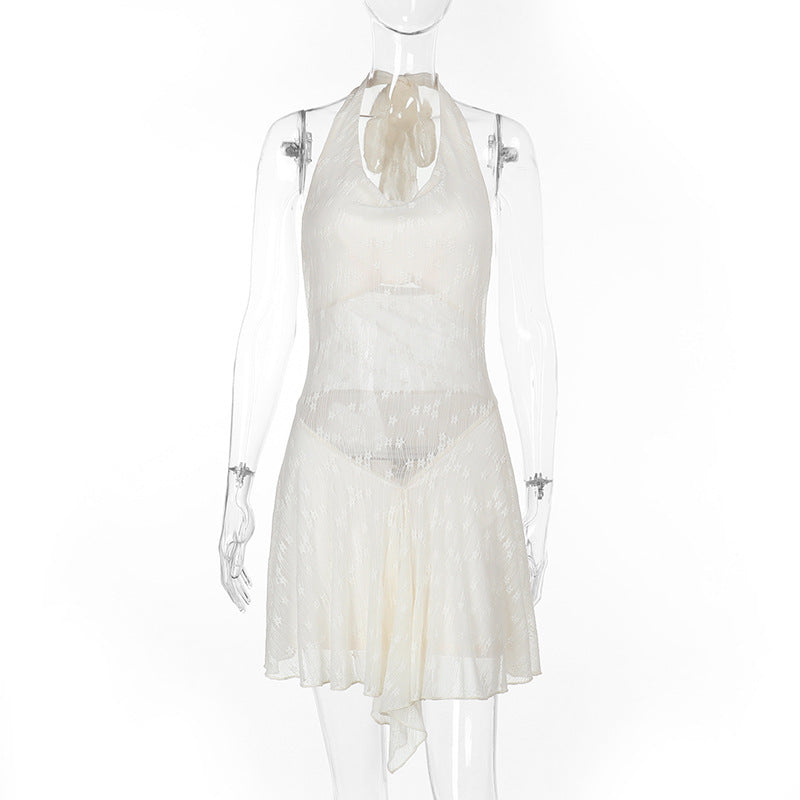 Vestido corto sexy con espalda descubierta y cuello halter con costuras de encaje para mujer