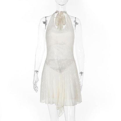 Vestido corto sexy con espalda descubierta y cuello halter con costuras de encaje para mujer