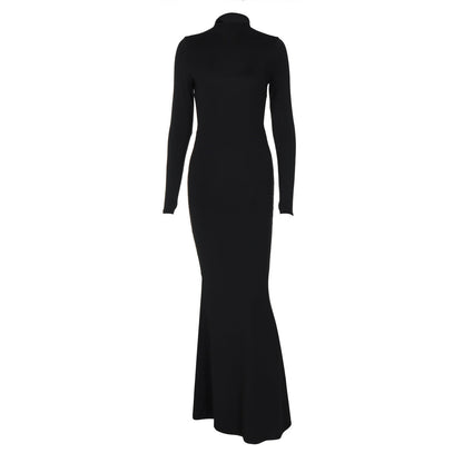 Vestido largo de otoño para mujer, color liso, medio cuello, manga larga, sexy, personalizado, espalda descubierta