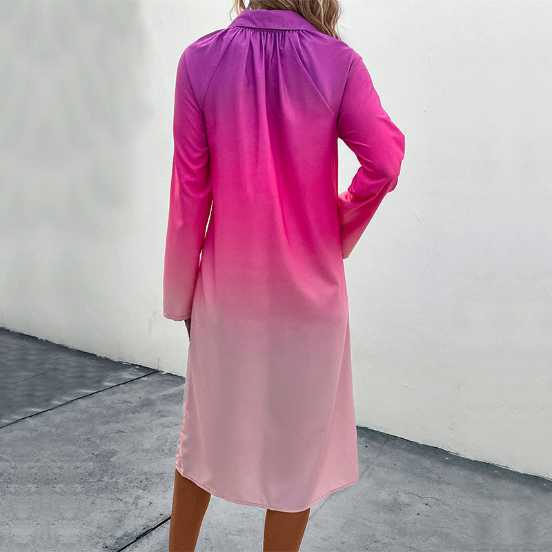Vestido camisero degradado de manga larga para mujer de otoño