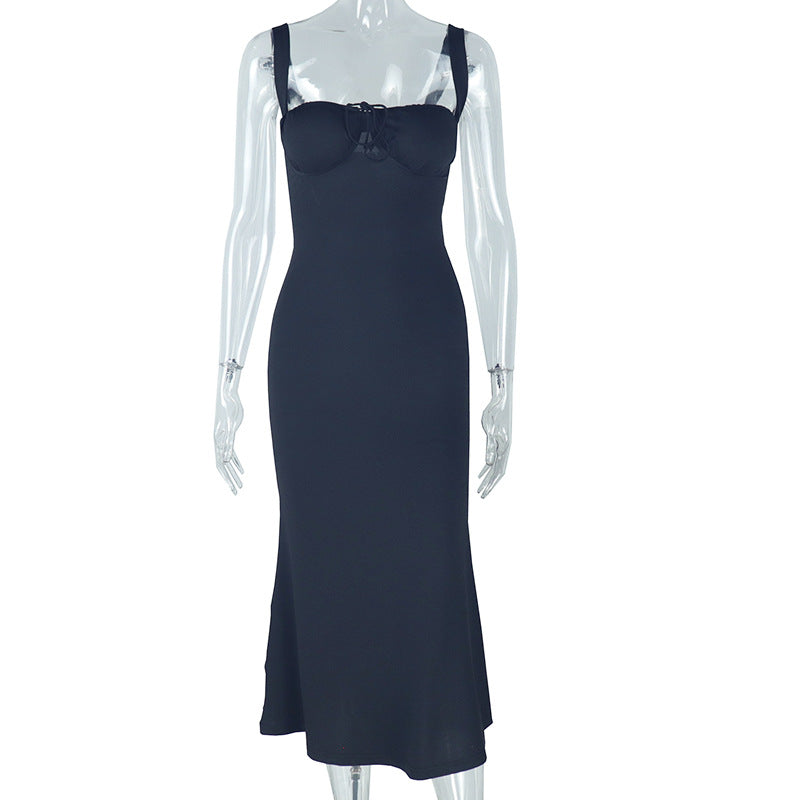 Vestido elegante de cola de pez de color liso con tirantes para mujer, sin mangas, largo hasta el cuello