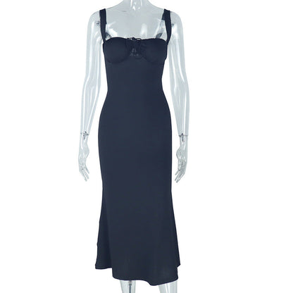 Vestido elegante de cola de pez de color liso con tirantes para mujer, sin mangas, largo hasta el cuello
