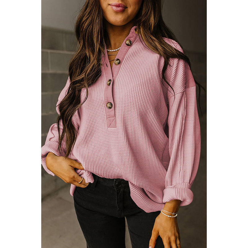 Suéter de verano con cuello redondo y mangas largas para mujer, sudadera holgada de gran tamaño con diseño de gofres.