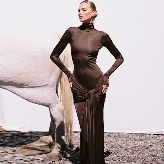 French Solid Color Autumn Winter Turtleneck Long Sleeve Stitching Lace up Long Slim Fit Dress Women