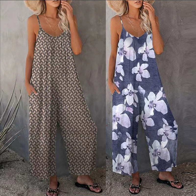 Mono de verano para mujer, estampado informal, sin mangas, holgado, de pierna ancha