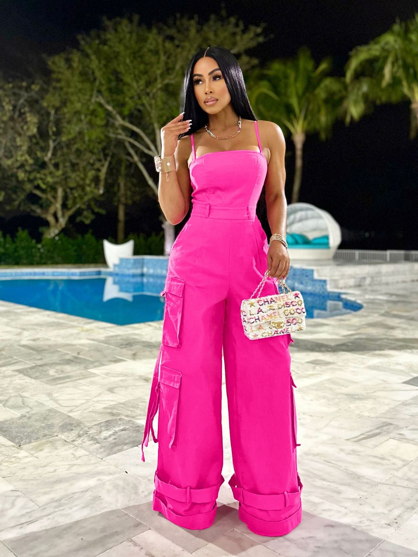 Mono de trabajo con múltiples bolsillos y top de tubo sexy para mujer, mono de pierna ancha