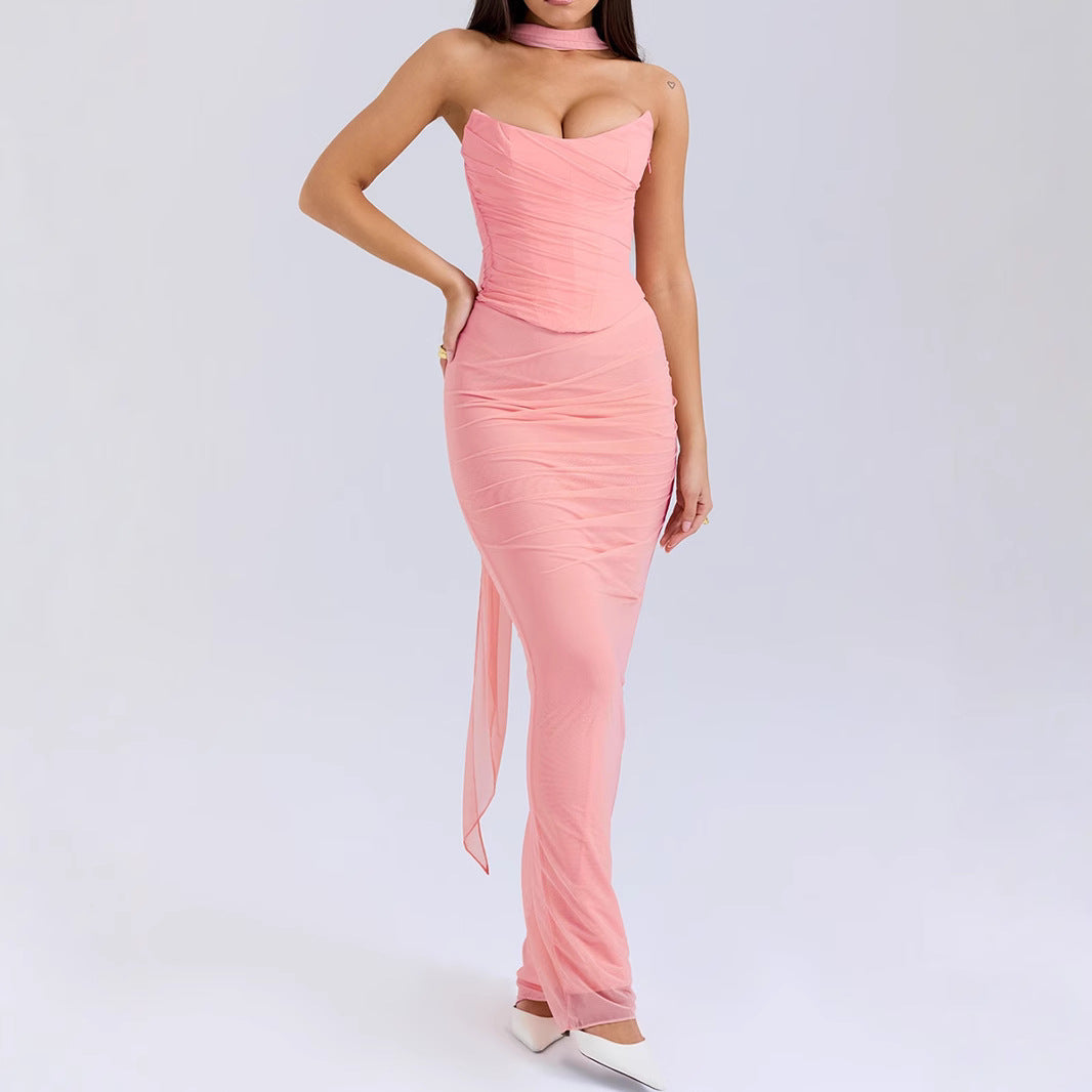 Vestido sexy con corsé deshuesado, top de tubo, falda ajustada, conjunto de falda larga, conjunto de otoño de dos piezas de alta calidad con bufanda