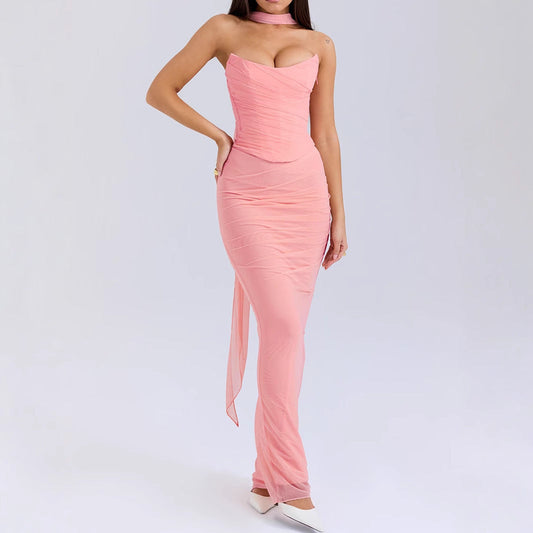 Vestido sexy con corsé deshuesado, top de tubo, falda ajustada, conjunto de falda larga, conjunto de otoño de dos piezas de alta calidad con bufanda