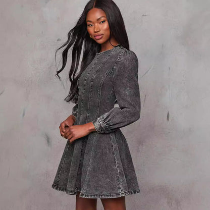 Vestido vaquero de manga larga con cintura ajustada y retazos informales de otoño para mujer