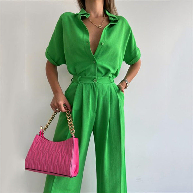 Traje de pantalón de pierna ancha para primavera y verano, camisa de manga holgada, top, pantalones casuales, ropa de dos piezas para mujer