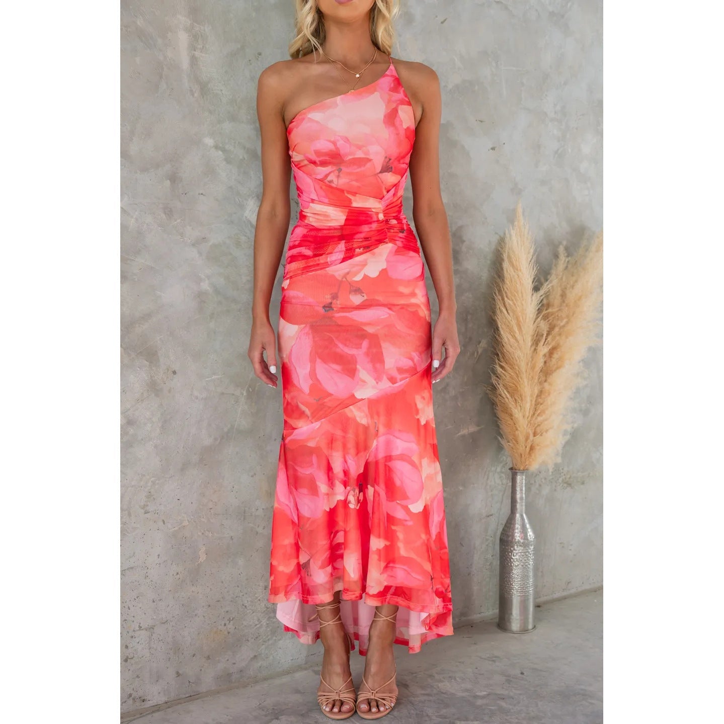 Vestido informal con forro elástico y estampado de hombros oblicuos para mujer, primavera y verano