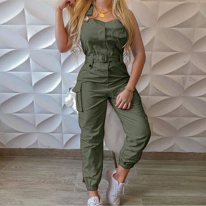 Women Workwear Belt Sleeveless Suspender Simple Ankle Banded Plus size Jumpsuit