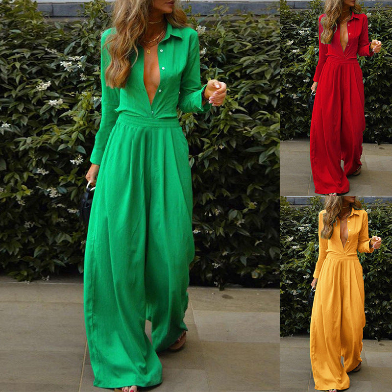 Conjunto de dos piezas formado por cárdigan, camisa, pantalón ancho y holgado, informal, color liso, para mujer