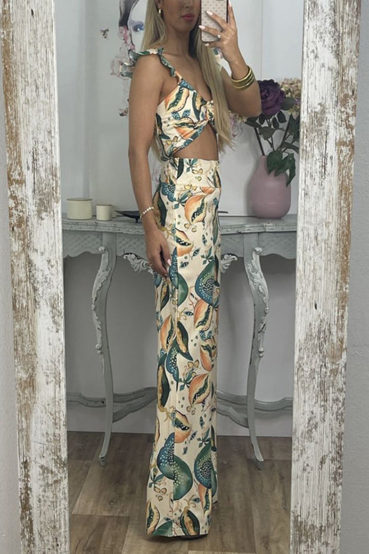Women Printed Casual Sling Top Trousers Two Piece Set