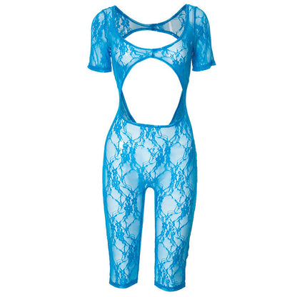 Ropa de mujer, pantalones cortos siameses con aberturas y cuello en U, de manga corta y encaje sexy de primavera