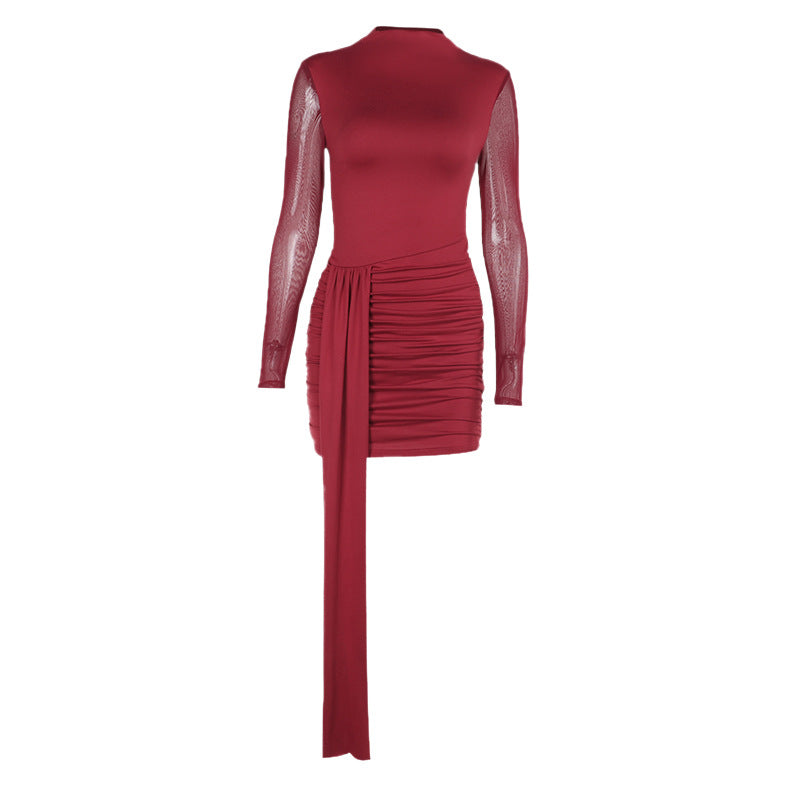Vestido elegante y sexy de otoño para mujer, estilo socialité, con costuras de malla fina y bolso de cadera.