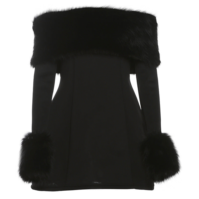 Autumn Winter Women Clothing Sexy Fur Collar off Shoulder Slim Slimming A line Dress