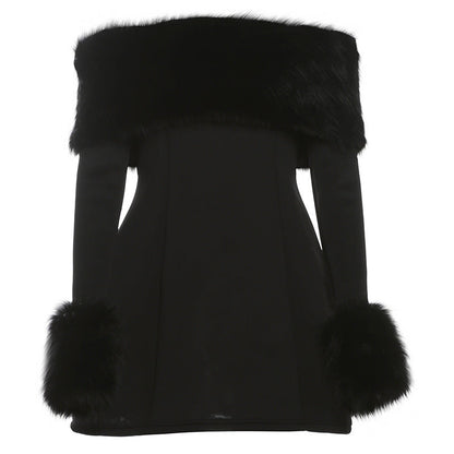 Autumn Winter Women Clothing Sexy Fur Collar off Shoulder Slim Slimming A line Dress