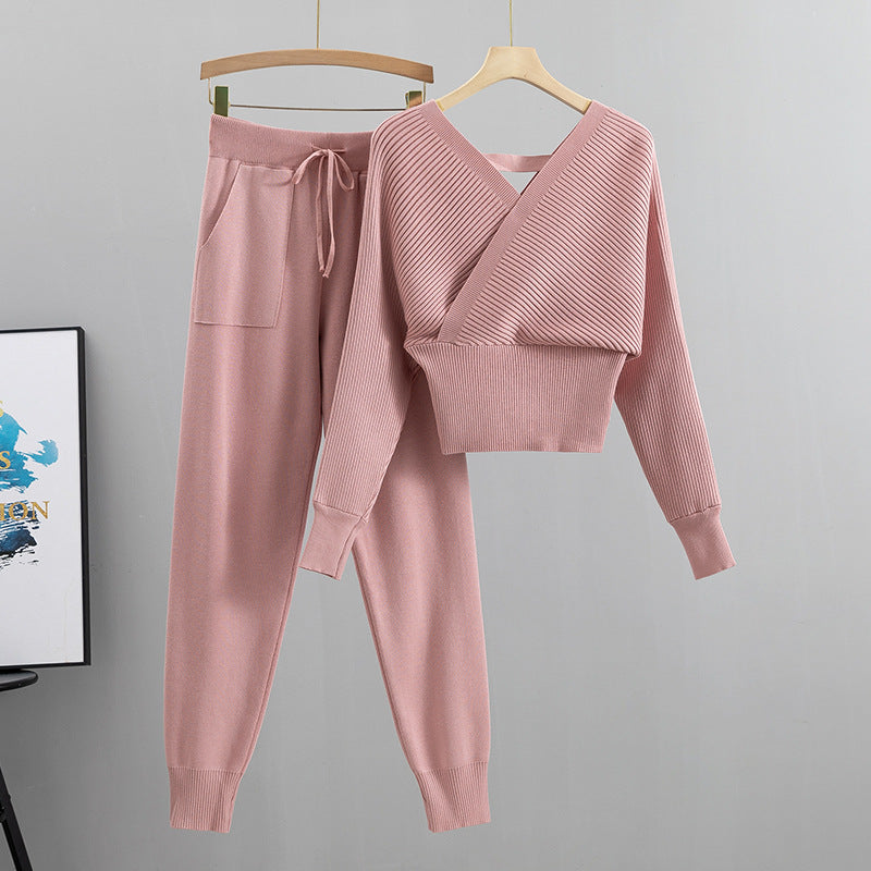 Conjunto elegante de dos piezas para mujer, de estilo socialité, con hombros descubiertos, suéter corto y sexy, pantalones casuales con lazo en el tobillo y pantalones de otoño