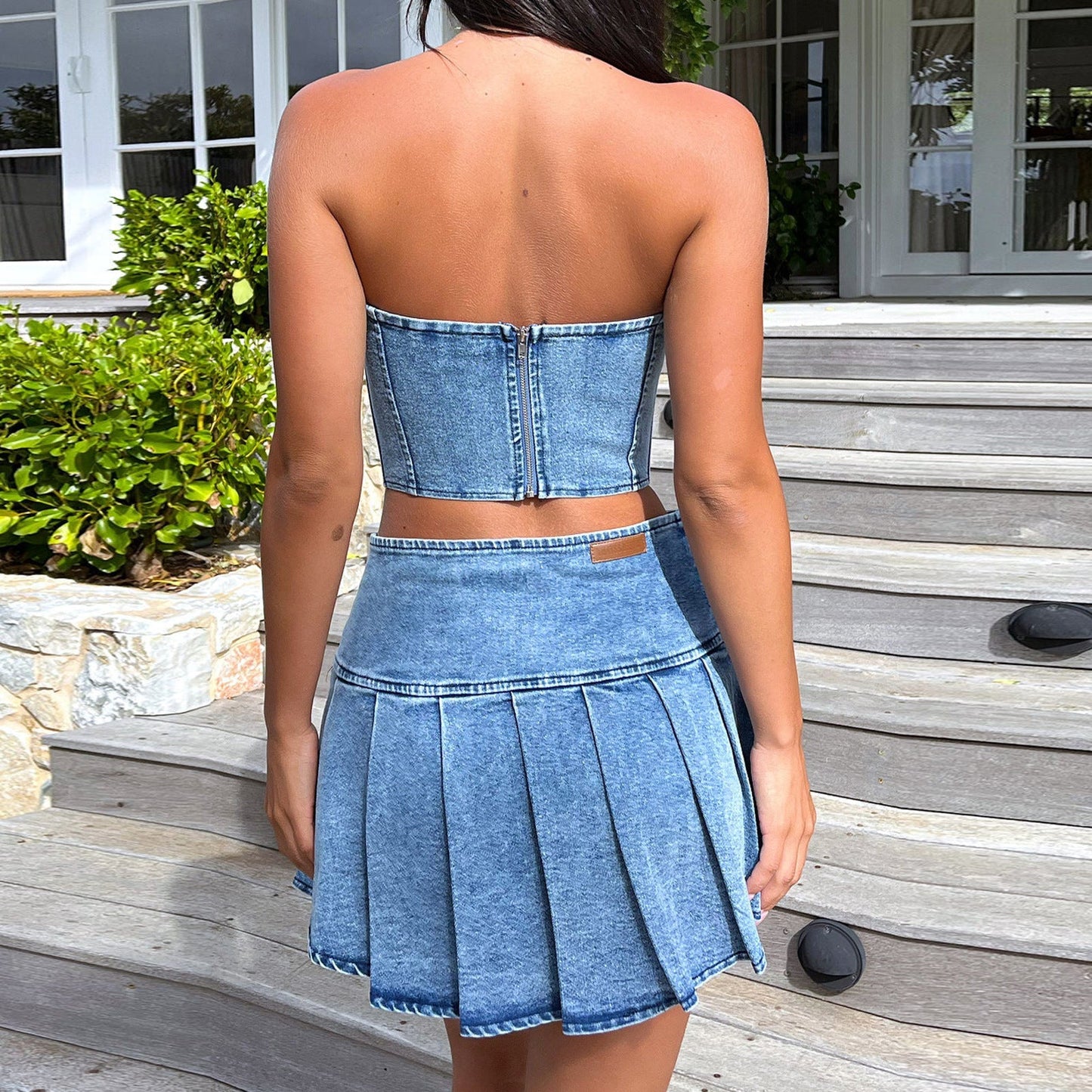 Traje de mezclilla con top de tubo de verano sin mangas sexy con falda dividida de cintura alta recortada